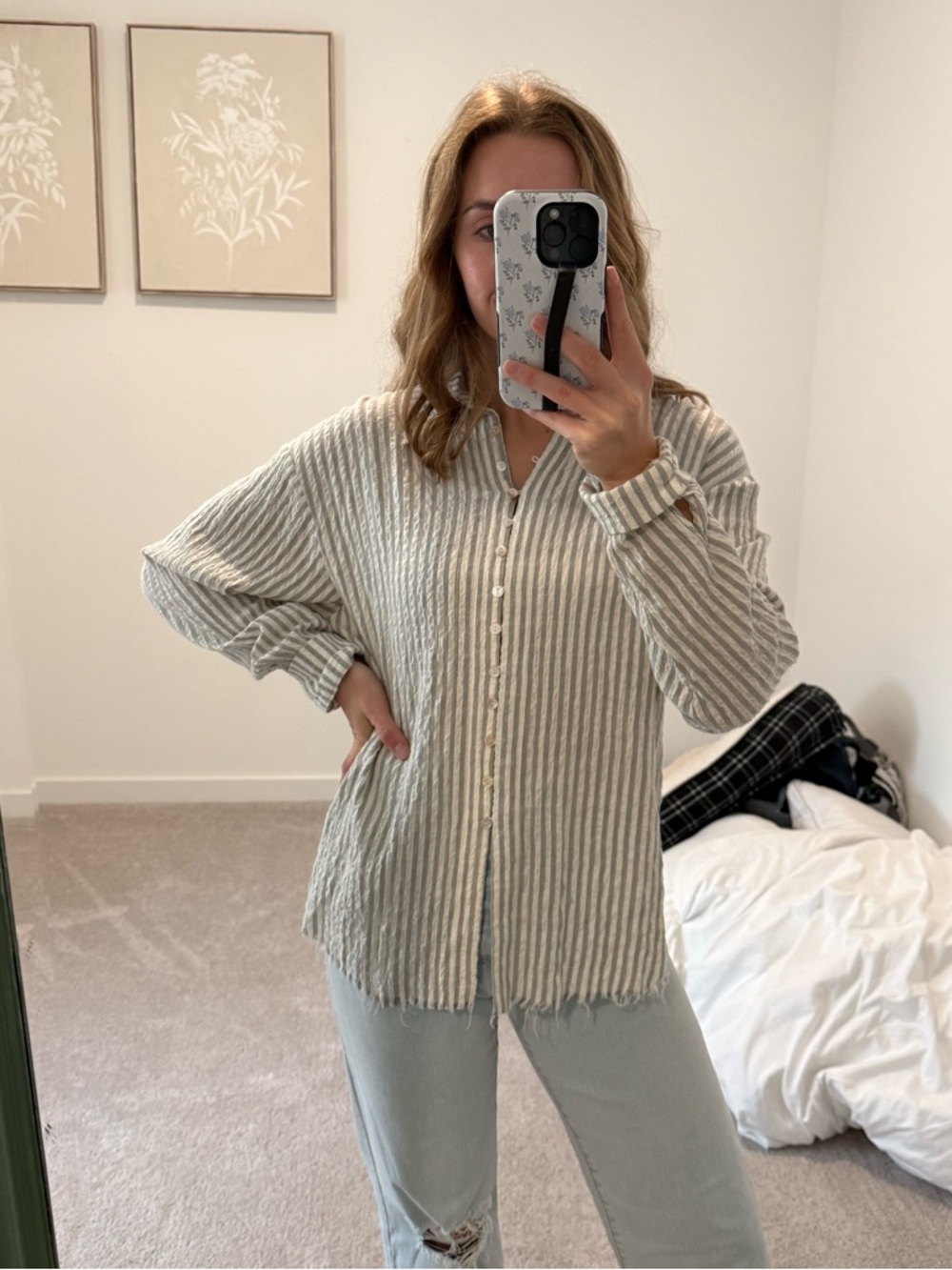 Miou Muse Small Striped Button-Up Long Sleeve Top in Light Gray